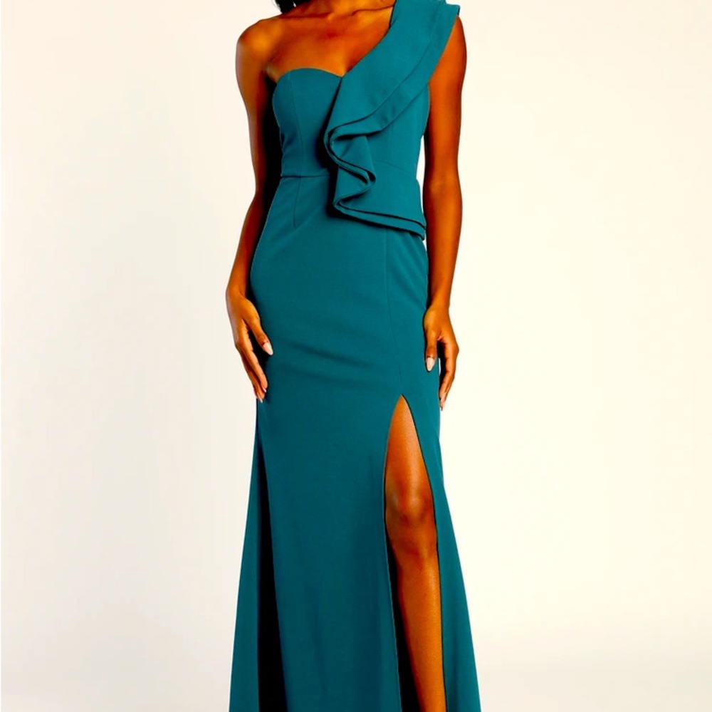 Lulu’s Kiss Me Again Teal Ruffled One-Shoulder Maxi Dress